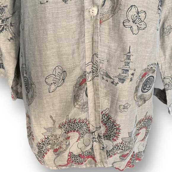 Vintage 90s Citron Santa Monica Linen Tunic Dragon Print Beige Red Asian Top - Picture 4 of 11